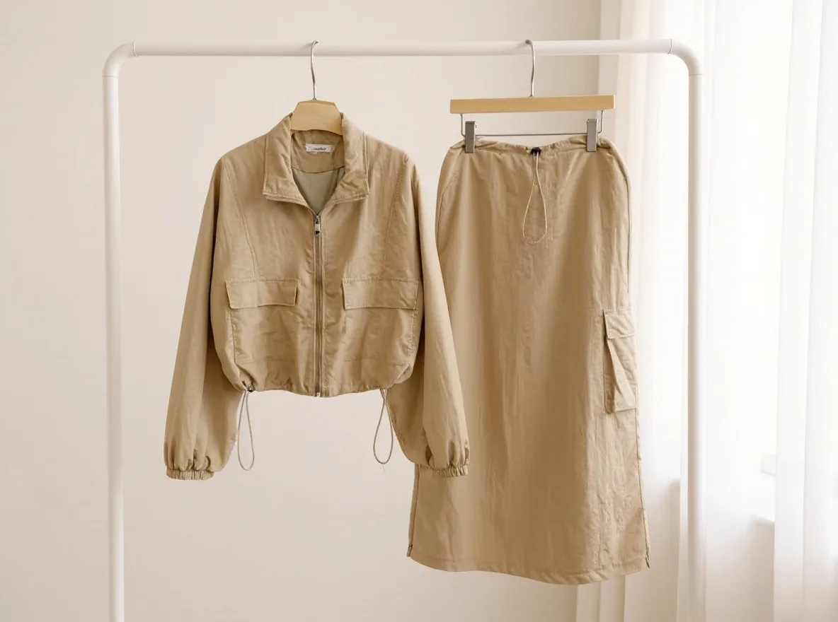 Utility Jacket and Cargo Skirt Set Utility Jacket and Cargo Skirt Set — A cropped zip-front utility jacket with chest pockets and a matching midi skirt wit