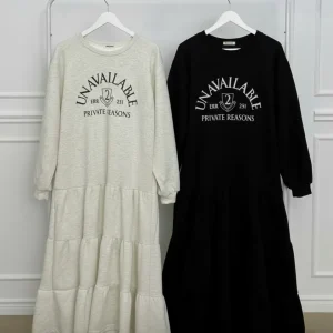 "Unavailable" Tiered Sweatshirt Dress — A long sweatshirt dress with a tiered skirt and UNAVAILABLE — PRIVATE REASONS pr