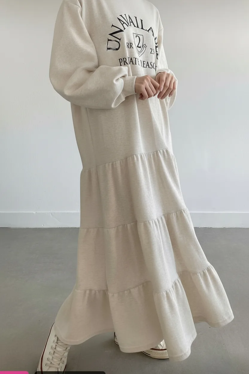 "Unavailable" Tiered Sweatshirt Dress — A long sweatshirt dress with a tiered skirt and UNAVAILABLE — PRIVATE REASONS pr