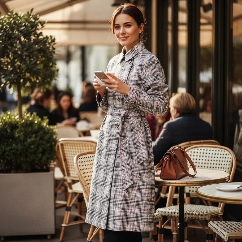 Glen Plaid Trench Coat Glen Plaid Trench Coat — A black, white and pink glen plaid trench. Chest 40 inches, length 41 inches, sized L.