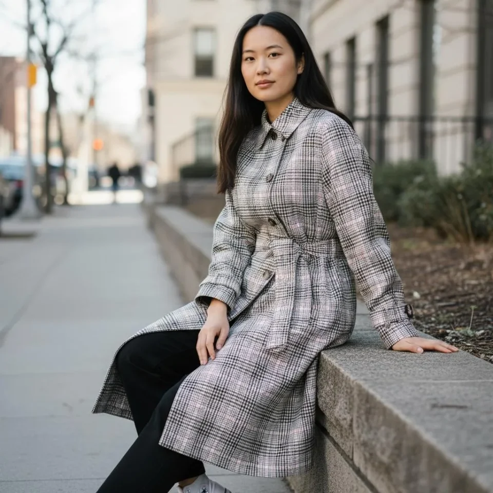 Glen Plaid Trench Coat — A black, white and pink glen plaid trench. Chest 40 inches, length 41 inches, sized L.