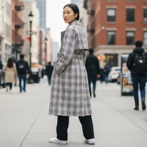 Glen Plaid Trench Coat — A black, white and pink glen plaid trench. Chest 40 inches, length 41 inches, sized L.