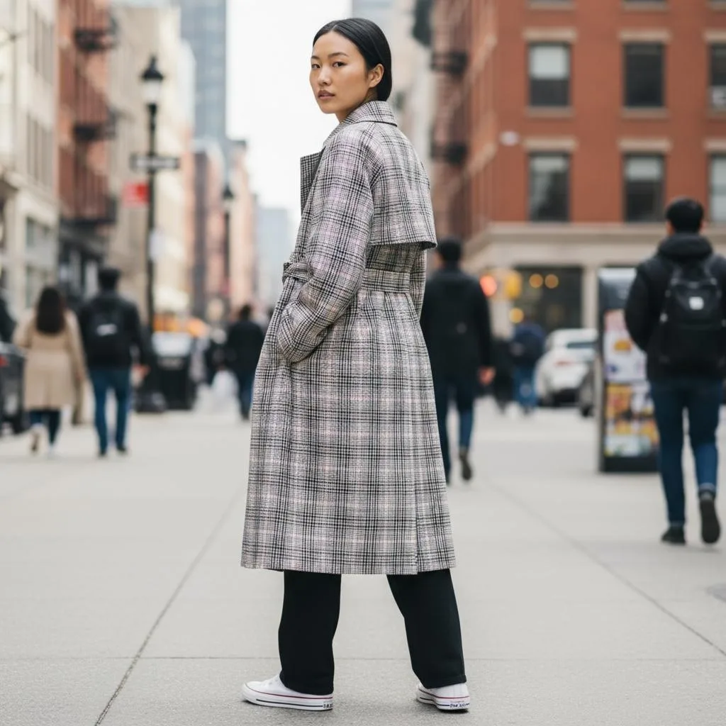 Glen Plaid Trench Coat Glen Plaid Trench Coat — A black, white and pink glen plaid trench. Chest 40 inches, length 41 inches, sized L.