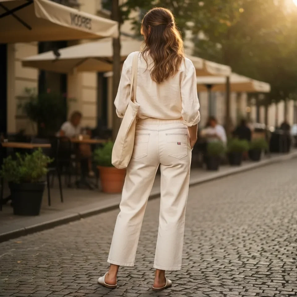 Fleece-Lined High-Waisted Cropped Trousers — Beige high-waisted wide-leg trousers, fleece-lined, cropped at the ankle. R
