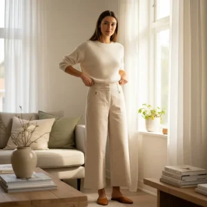 Fleece-Lined High-Waisted Cropped Trousers — Beige high-waisted wide-leg trousers, fleece-lined, cropped at the ankle. R