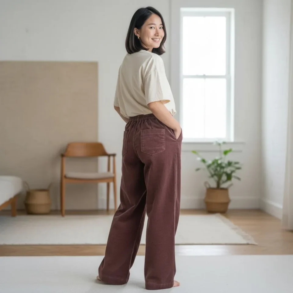 Fleece-Lined Wide-Leg Corduroy Trousers — Fleece-lined corduroy wide-leg trousers in forest emerald or rich merlot. Rise