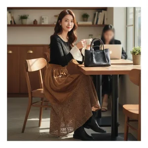 Lace-Hem A-Line Midi Skirt — A heavy A-line midi with a vintage lace hem, in deep brown or black. Elastic waist from 24 