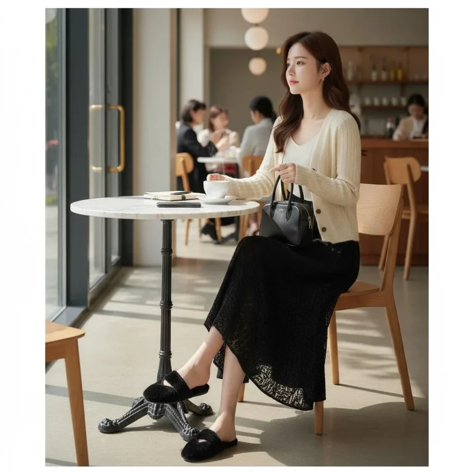 Lace-Hem A-Line Midi Skirt — A heavy A-line midi with a vintage lace hem, in deep brown or black. Elastic waist from 24