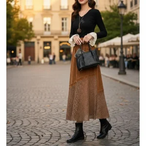 Lace-Hem A-Line Midi Skirt — A heavy A-line midi with a vintage lace hem, in deep brown or black. Elastic waist from 24 