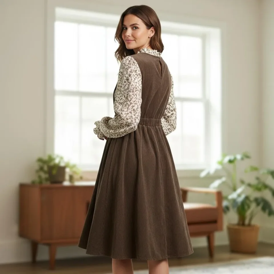 Corduroy Pinafore Dress — A brown corduroy pinafore with a gathered skirt and a high waist, cut to layer over a blouse o