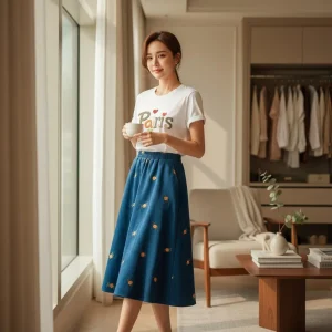 Embroidered Corduroy A-Line Skirt — A fine corduroy A-line scattered with small embroidered flowers, in sky blue or warm