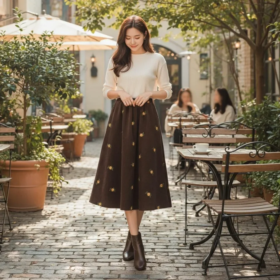 Embroidered Corduroy A-Line Skirt — A fine corduroy A-line scattered with small embroidered flowers, in sky blue or warm