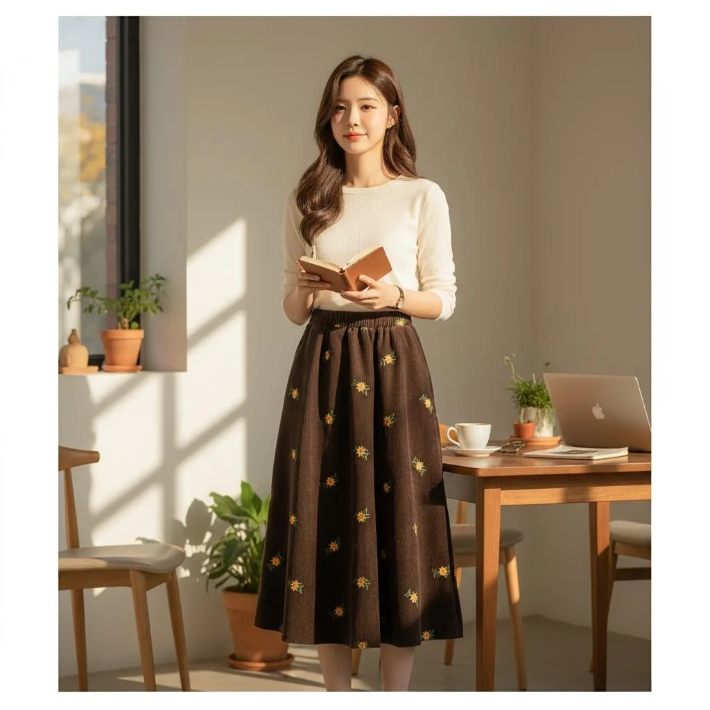 Embroidered Corduroy A-Line Skirt Embroidered Corduroy A-Line Skirt — A fine corduroy A-line scattered with small embroidered flowers, in sky blue or warm