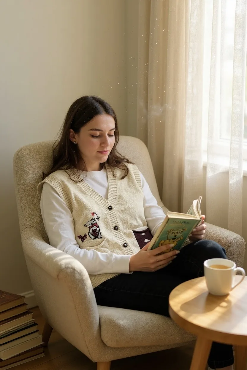 Whimsical Wonder Embroidered Cardigan — A fine knit cardigan with small embroidered scenes scattered across the front, i