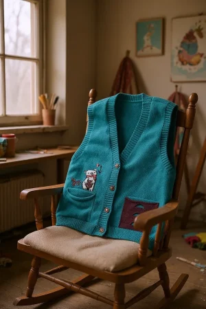 Whimsical Wonder Embroidered Cardigan — A fine knit cardigan with small embroidered scenes scattered across the front, i