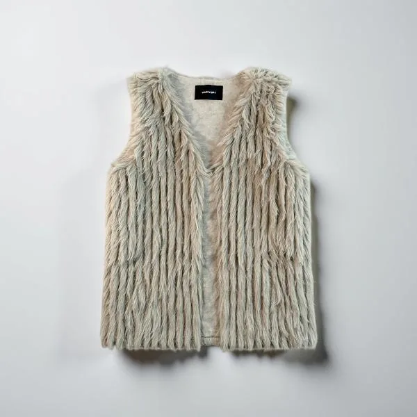 Whisper Soft Faux Fur Vest — A short faux fur vest with a fine, soft pile and an open front. Cut to a US medium. Cruelty