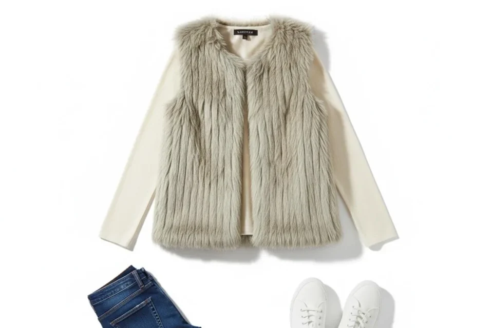 Whisper Soft Faux Fur Vest — A short faux fur vest with a fine, soft pile and an open front. Cut to a US medium. Cruelty