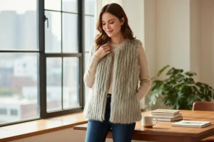 Whisper Soft Faux Fur Vest — A short faux fur vest with a fine, soft pile and an open front. Cut to a US medium. Cruelty