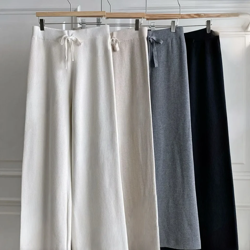 Wide-Leg Ribbed Knit Trousers