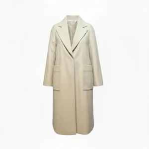 Wool-Blend Long Coat — A long, collarless wool-blend coat with a clean front and no belt. Cream, lined to the hem.