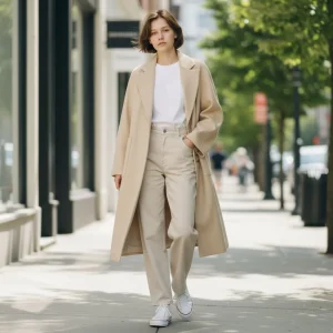 Wool-Blend Long Coat — A long, collarless wool-blend coat with a clean front and no belt. Cream, lined to the hem.
