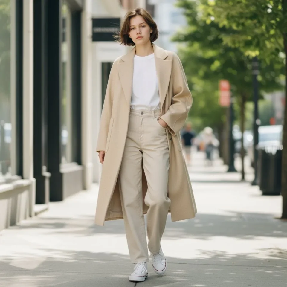Wool-Blend Long Coat — A long, collarless wool-blend coat with a clean front and no belt. Cream, lined to the hem.