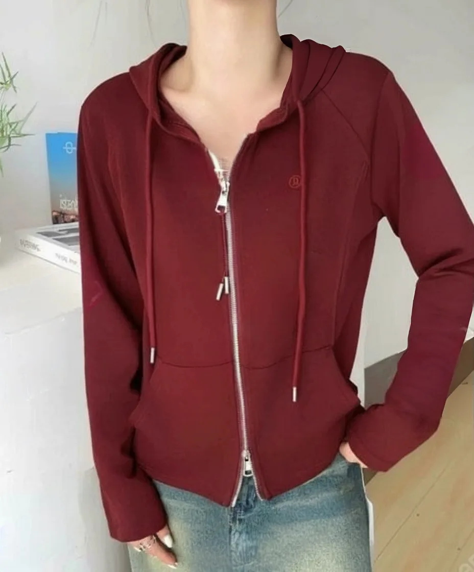Full-Zip Hoodie — A soft lightweight full-zip hoodie with drawstrings and front pockets, in wine red, black or white.